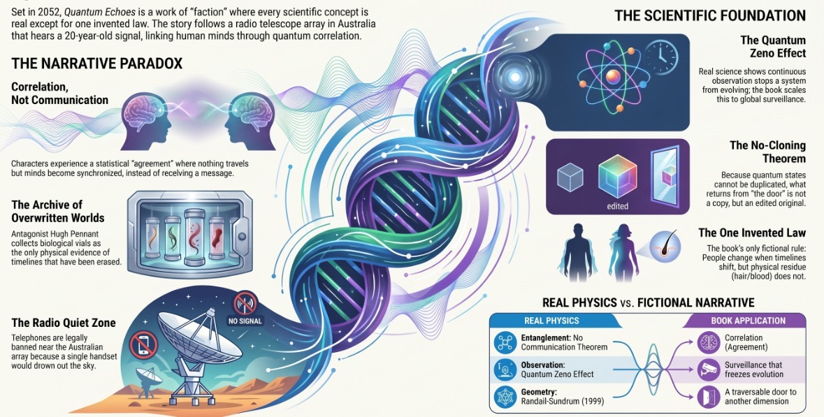 The author’s concept map connecting quantum ideas, the radio array and the invented law of Quantum Echoes